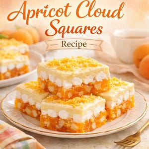 May include: Apricot Cloud Squares recipe. Several square desserts are arranged on a plate, showcasing layers of apricot, marshmallows, and a creamy topping, garnished with yellow flakes. The image includes the text "Apricot Cloud Squares Recipe".