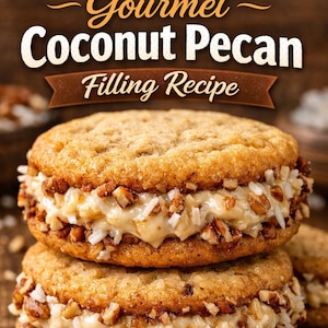 May include: Two gourmet coconut pecan sandwich biscuits stacked. The biscuits have a golden-brown exterior and are filled with a creamy, white filling, shredded coconut, and chopped pecans. The image includes text that reads "Gourmet Coconut Pecan Filling Recipe."