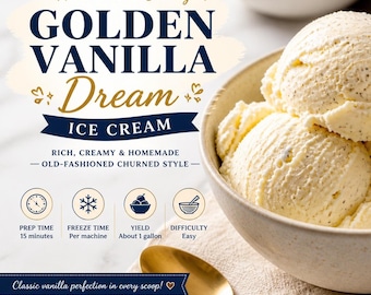 Golden Vanilla Dream Eiscreme Rezept PDF | Hausgemachte altmodische Eiscreme | Cremiges Dessert Rezept zum Ausdrucken | Einfaches Eismaschinen-Rezept