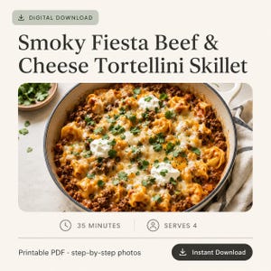 Ricetta di tortellini con manzo affumicato in stile Fiesta / Cena in padella / Cena facile per tutta la famiglia / Pasto facile per le sere infrasettimanali / Download digitale immediato