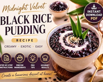 Receta de pudín de arroz negro en PDF / Receta de postre de coco / Postre asiático exótico / Postre casero fácil / Guía de recetas para descargar digitalmente