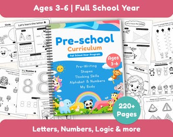 May include: A spiral-bound preschool curriculum workbook featuring a blue cover with a rainbow, sun, and cartoon animals. The text reads Pre-school Curriculum, Full School-Year Program, Ages 3-6, and lists topics like Pre-Writing, Shapes, and Alphabet.
