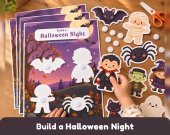 May include: A Build a Halloween Night activity set featuring a printed game board with a purple sunset landscape and white shadow silhouettes. Includes die-cut character pieces like a vampire, mummy, spider, and bat with adhesive dots.