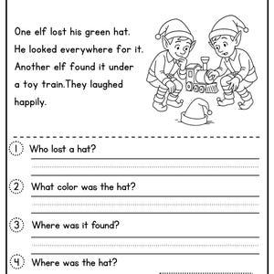 May include: Black and white worksheet titled "Elf Hat Trouble" with illustrations of elves and a toy train. The worksheet includes questions about a lost green hat, with multiple-choice answers.