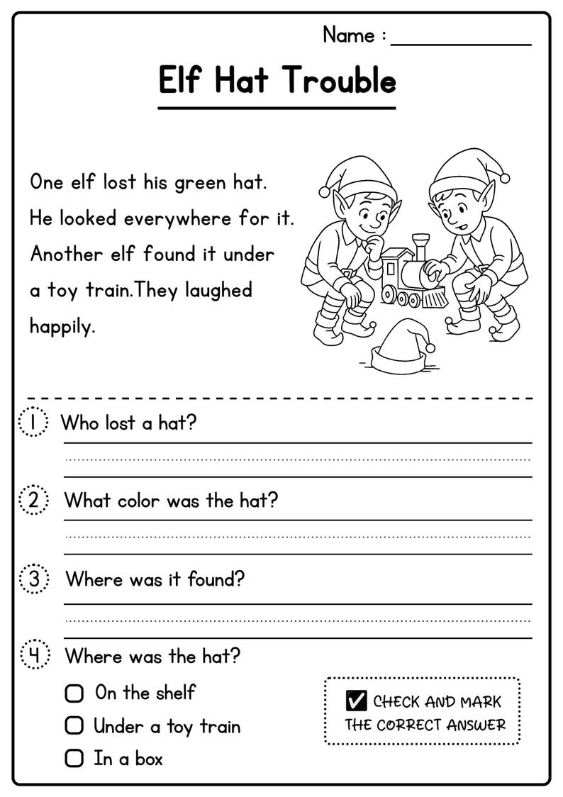 May include: Black and white worksheet titled "Elf Hat Trouble" with illustrations of elves and a toy train. The worksheet includes questions about a lost green hat, with multiple-choice answers.