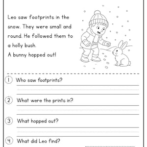 May include: Black and white worksheet titled "Snowy Footprints" with a story about a boy and a bunny. The worksheet includes questions about the story and a section to check the correct answer. A drawing of the boy and bunny is included.