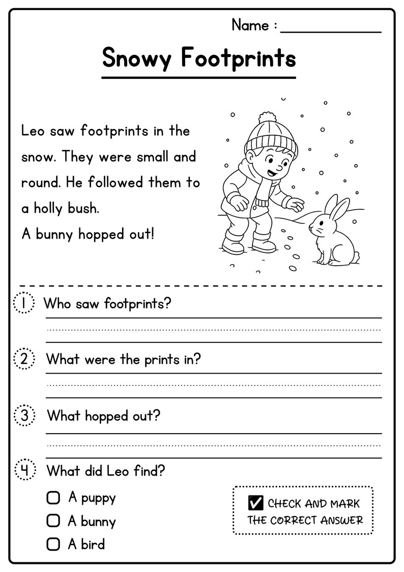 May include: Black and white worksheet titled "Snowy Footprints" with a story about a boy and a bunny. The worksheet includes questions about the story and a section to check the correct answer. A drawing of the boy and bunny is included.