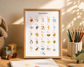 May include: A rectangular wooden frame containing an educational alphabet poster. The white poster features the word Alphabet at the top, followed by a grid of letters from A to Z, each paired with a colorful illustration of an object or animal.