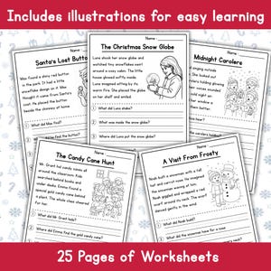 May include: A collection of 25 black and white worksheets with illustrations for easy learning. The worksheets feature stories about Christmas, including a snow globe, candy cane hunt, and a snowman. The text "Includes illustrations for easy learning" is at the top.