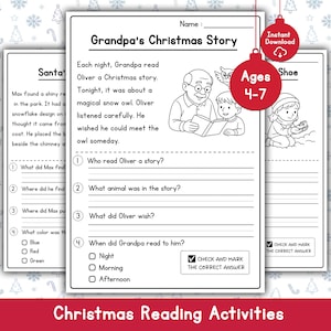 May include: Christmas-themed reading activities for ages 4-7. The worksheets feature a story about Grandpa reading to Oliver, with comprehension questions. Includes a Santa worksheet and a shoe worksheet.