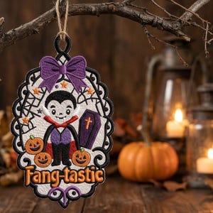 FSL Vampire Halloween Ornament Machine Embroidery Design, Freestanding Lace Fang-tastic Dracula, Pumpkin Coffin, 2 Sizes, Instant Download