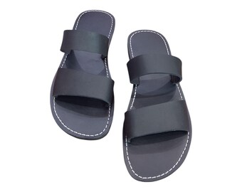 Moroccan Handmade Leather Slides – Unisex Black Sandals, Minimalist Boho Style, Genuine Leather Summer Slip-Ons