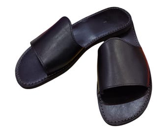 Moroccan Handmade Leather Slides – Unisex Black Sandals, Minimalist Boho Style, Genuine Leather Summer Slip-Ons