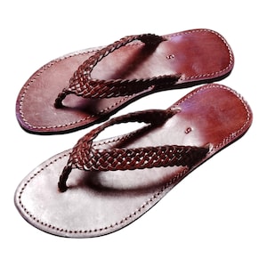 Braided Brown Leather Flip Flops – Handmade Moroccan Sandals – Women Flat Summer Slip On Shoes