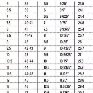 May include: A shoe size conversion chart for men, with US, Euro, UK sizes, inches, and centimeters. The chart includes sizes from US 6 to 16, with corresponding Euro, UK, inch, and cm measurements. The text "Men's Size Conversions" is at the top.