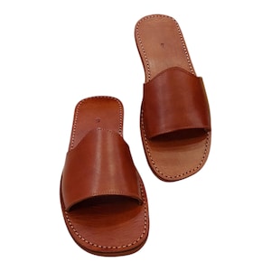 May include: A pair of brown leather sandals. The sandals have a simple design with a strap across the top of the foot and a stitched sole. The leather has a natural, slightly distressed look.