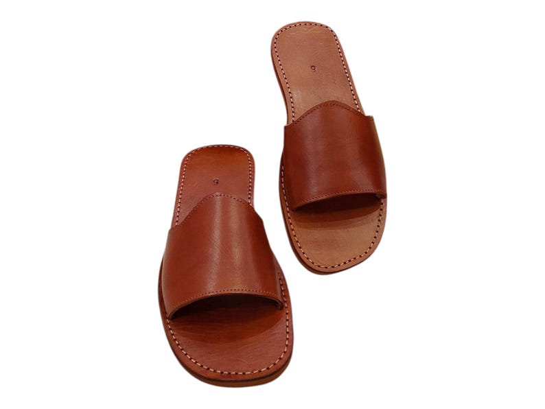 May include: A pair of brown leather sandals. The sandals have a simple design with a strap across the top of the foot and a stitched sole. The leather has a natural, slightly distressed look.