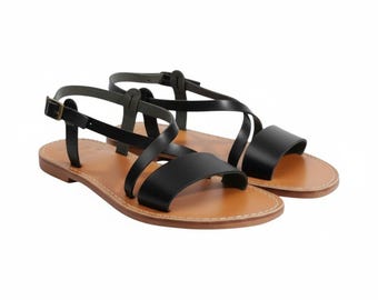 Sandálias elegantes de couro preto para mulheres – Sandálias rasteiras feitas à mão para o verão.