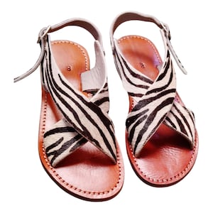 Handmade Zebra Print Leather Sandals, Moroccan Artisan Summer Flats