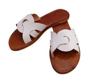 Handmade White Leather Sandals, Moroccan Slides, Boho Flats