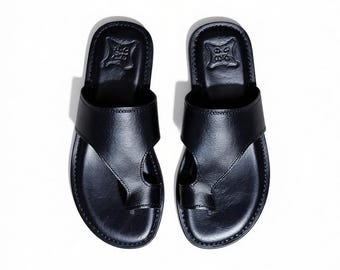 Black Leather Sandals for Men – Handmade Moroccan Flat Summer Shoes