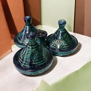 Moroccan Handmade Ceramic Condiment Set Blue Green | Traditional Pottery Serving Dishes | Artisan Kitchen Decor