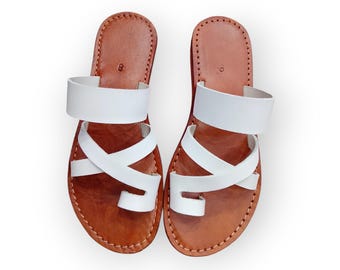 Handmade White Leather Sandals for Women – Flat Summer Slides, Moroccan Artisan Shoes