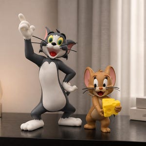 Könnte beinhalten: Ein Tom und Jerry Figurenset bestehend aus einer großen, dunkelgrau-weißen Katze, die mit erhobenem Arm steht, und einer kleineren, hellbraunen Maus, die ein leuchtend gelbes Stück Schweizer Käse mit Löchern hält. Beide Figuren haben ein breites Lächeln.