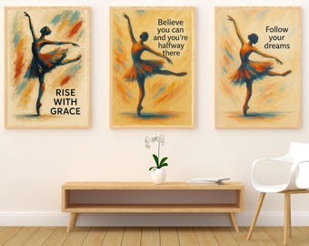 Set van 3 balletposters met inspirerende citaten | Ballerinakunst aan de muur voor dansers | Cadeau voor danser en dansleraar dansposters