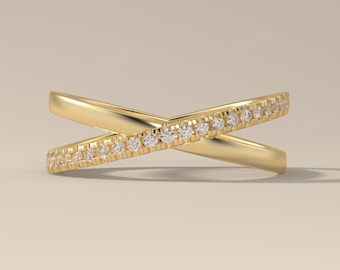14K Yellow Gold Moissanite Crossover Ring, Pave X Band