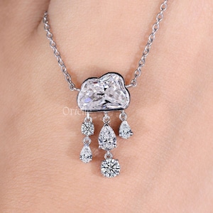 Wolke und Regentropfen Moissanit Anhänger Halskette 14K Weißgold Lünette Set Anhänger Minimalist Zierliche Schmuck Handgemachte Wolke Schmuck