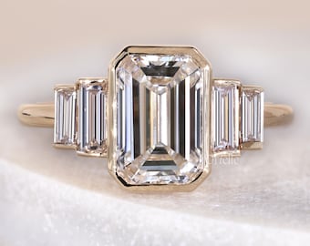 Emerald Cut Five Stone Engagement Ring, Vintage Style Bezel Set, Straight Baguette Side Stones, 14k Gold Wedding Ring, Anniversary Gift