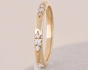 14K Yellow Gold Lab Grown Round Diamond Scattered Band Ring Minimalist Wedding Band Stacking Promise Dainty Fine Jewellery Gift for Women
