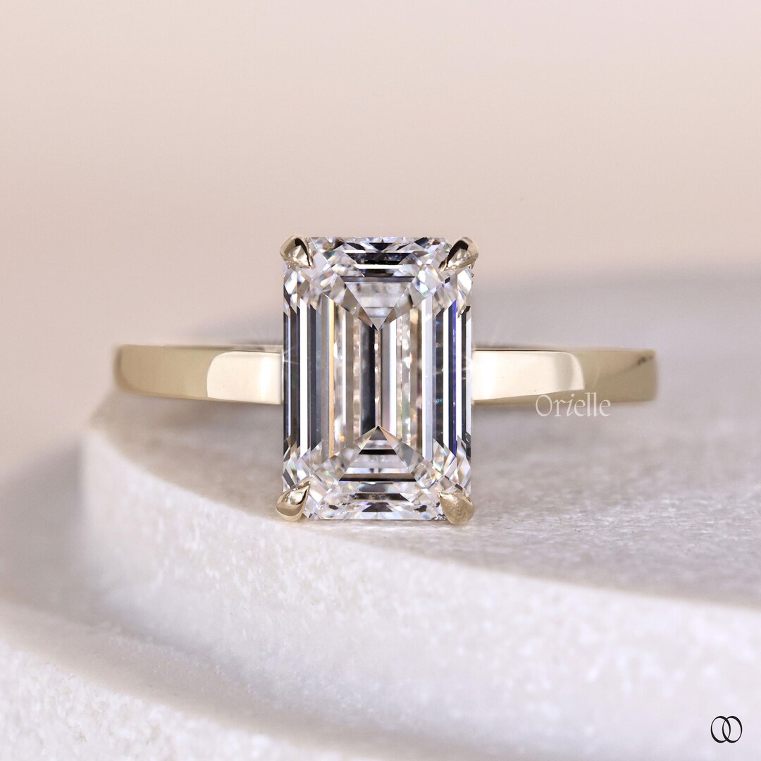 Rectangular Promise Emerald Cut Moissanite Engagement Ring, Solitaire 14K Yellow Gold Ring ...