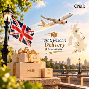 May include: A stack of three beige gift boxes with gold ribbons, each labeled Orielle, positioned near a black street lamp and a British flag. A white airplane flies above, with text reading Fast & Reliable Delivery Across the UK.