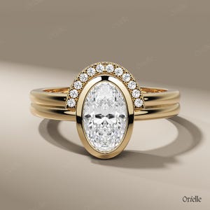 1.20 CT Oval Cut Moissanite Ring Sets, Bezel Set Engagement Bridal Ring, 14K Solid Gold Solitaire Ring, Curved Wedding Band Ring for Women