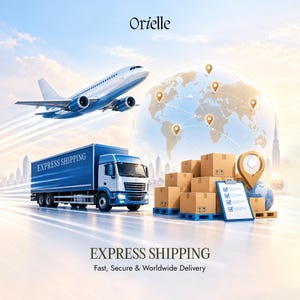 May include: A blue and white semi-truck with the text EXPRESS SHIPPING on the side, a white airplane in flight, and a stack of brown cardboard boxes on blue pallets. A globe graphic with location pins and a clipboard with a checklist are visible.