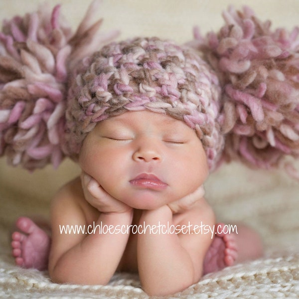 Newborn Baby Girl Hat Chunky Pink Cream Ivory Off White Beige Brown Crochet Knit Infant Double Pom Pom Beanie Photography Prop