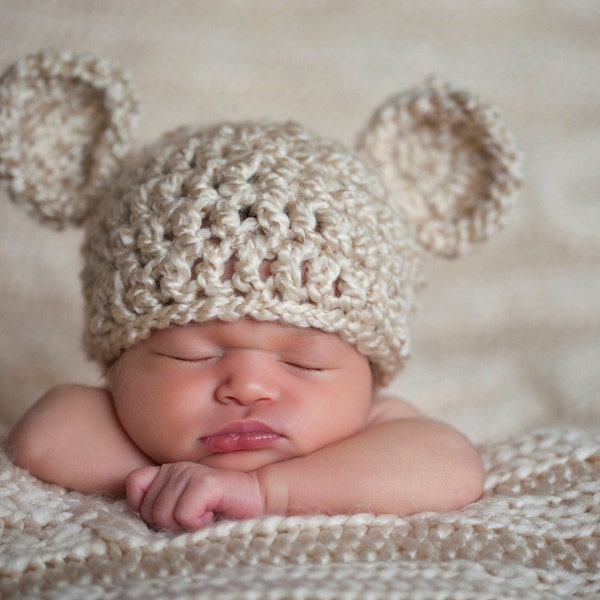 Bear Hat Newborn Baby Ready to Ship Chunky Cream Crochet Knit Beanie Photography Prop Ivory Off White Infant Girls Boys Twins Unisex Neutral