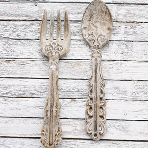 Kitchen Wall Decor -Utensil Wall Hanging-Tan With Cream Large Fork and Spoon Wall Decor, Rustic Metal Cast iron Breakfast Room Wall Decor