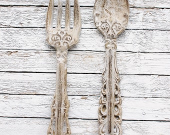 Kitchen Wall Decor -Utensil Wall Hanging-Tan With Cream Large Fork and Spoon Wall Decor, Rustic Metal Cast iron Breakfast Room Wall Decor