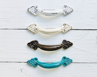 French Teal Scroll Flower Cabinet Door Pulls-Distressed-Drawer Handle-Spring Home Decor-Soft Pink-Cupboard Knobs 3 inch mounting-Shabby Pull