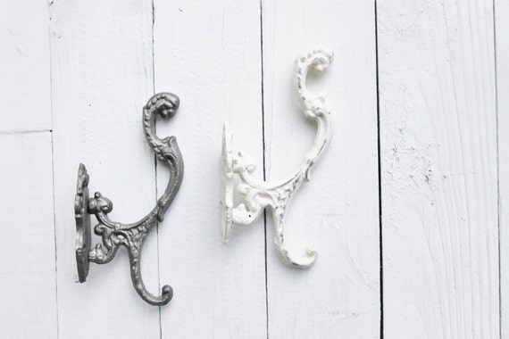 Iron Wall Hook, Rustic Wall Art, Anthropologie Style, French Style Decor, Large Hook, Creamy White Home,Romantic Home Decor,Gun Metal Silver