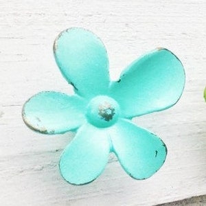 Shabby Chic Distressed Metal Flower Knob In Aquamarinel Metal, Drawer Knob , Beach Knob, Tropical Decor,Nautical Coastal Beachy Decor