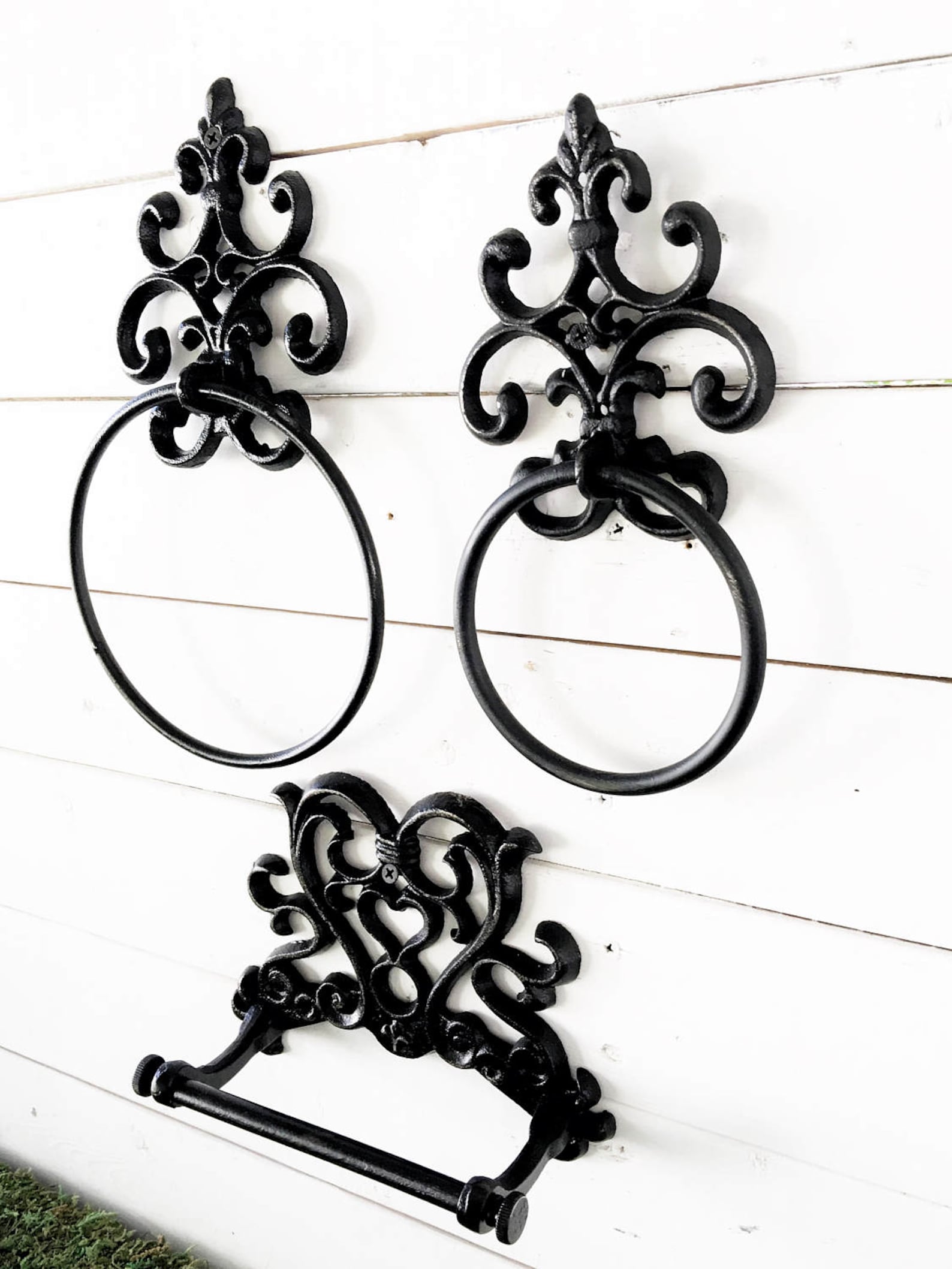 Bathroom Set, Black Bath Tissue Holder, Towel Ring, Shabby Chic, Hand Painted, Cast Iron, Toilet
