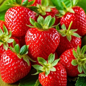 May include: A close-up of several ripe strawberries. The bright red berries have green leafy tops and are surrounded by green leaves. The strawberries are fresh and juicy, perfect for a healthy snack or dessert.