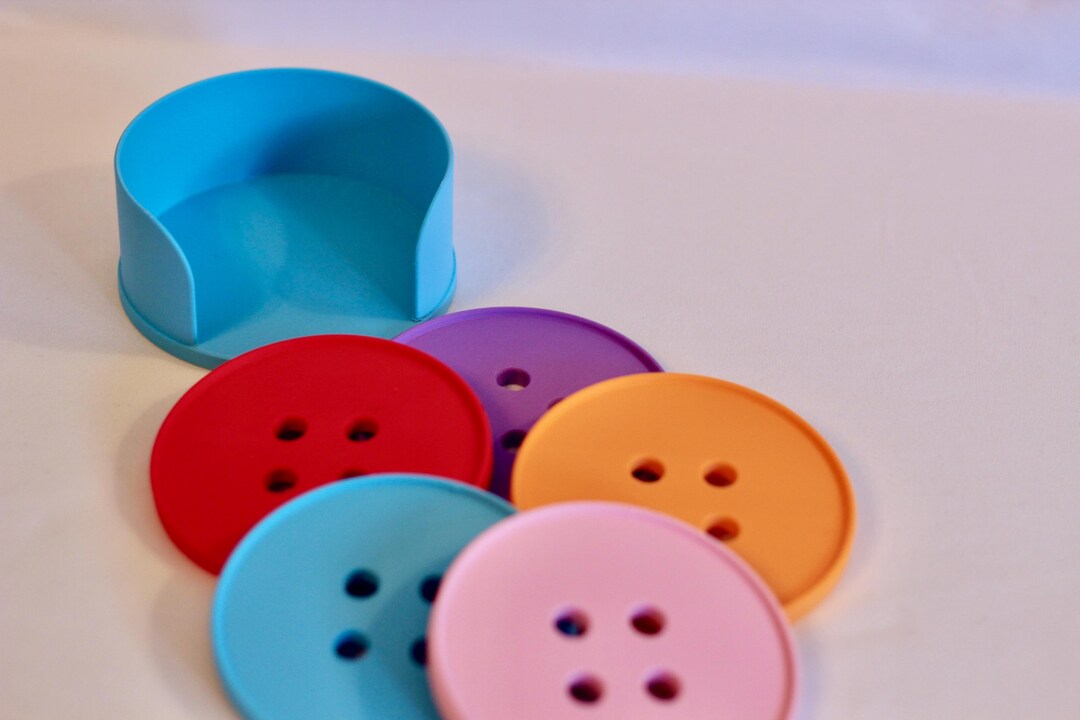 Pink Button Coaster 3D Printed Giant Button Drink Coasters With Blue Holder: Colourful Set ...