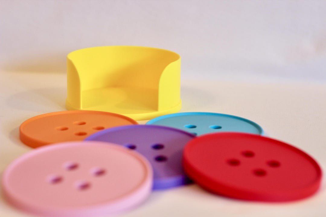 Pink Button Coaster 3D Printed Giant Button Drink Coasters With Yellow Holder: Colourful ...