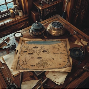 May include: A detailed, antique map labeled "Zycel" and "Terres Watus" lies on a wooden desk, surrounded by navigational tools. A compass, inkwell, and other nautical items are arranged around the map, suggesting a theme of exploration and adventure.