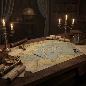 May include: A vintage-style desk with a map, candles, and nautical instruments. The map is the focal point, with rolled-up parchment, a compass, and a telescope. A lit candelabra and an apple add to the ambiance. The scene evokes exploration and adventure.